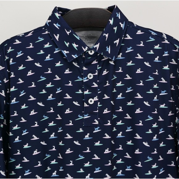 Straight Down Mens M Polo Surfing Dogs Performance Shirt Navy Golf Preppy - Picture 4 of 9